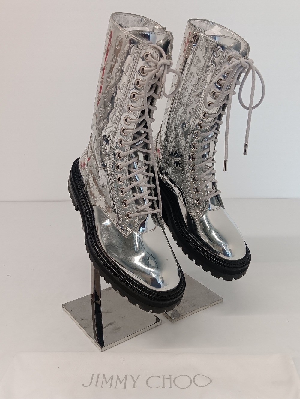 Jimmy Choo Women's Cora Logo Metallic Debossed Combat Boots - EU36.5/US6.5